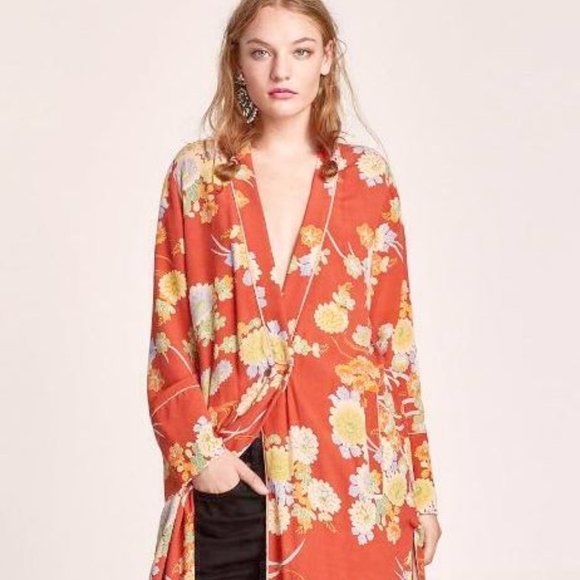 ZARA BOHO CORAL MAXI FLORAL PRINT KIMONO W/BUTTON +POCKETS SIZE S-M - Picture 5 of 6